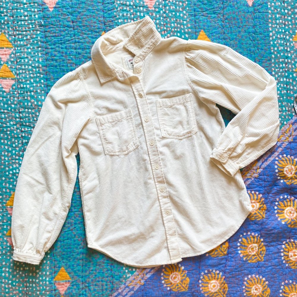 American Eagle Old School Cream Corduroy Button Down Shirt Oversized - Size XS